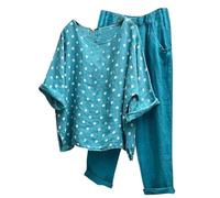 Conjunto de pijama para mujer, holgado, cómodo, de algodón y lino, de manga corta, camisa de lunares y cintura elástica, pantalones casuales de pierna ancha, conjunto de 2 piezas, azul, M