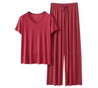 Conjunto de pijama para mujer, pantalón largo, manga corta, conjunto de pijama modal, paquete de 2 unidades para mujer, camiseta de dormir con cuello en V, plisada, ajuste holgado, cintura elástica