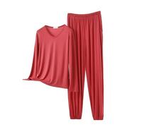 Conjunto de pijama para mujer, pantalón largo, manga corta, conjunto de pijama modal para mujer, conjunto de 2 piezas, casual, para otoño, cuello redondo, ajuste holgado, suave, elegante, ligero
