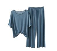 Conjunto de pijama para mujer, pantalón largo, manga corta, conjunto de ropa de descanso para mujer, ropa de dormir modal, orejas de madera, cuello redondo, 2 piezas, casual, pantalones de pierna