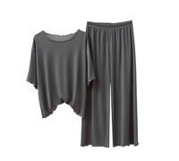 Conjunto de pijama para mujer, pantalón largo, manga corta, conjunto de ropa de descanso para mujer, ropa de dormir modal, orejas de madera, cuello redondo, 2 piezas, casual, pantalones de pierna