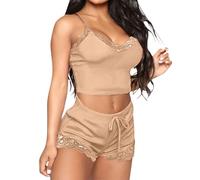 Conjunto de pijama para mujer, pantalones cortos, conjunto de pijama para mujer, elegante, color liso, con encaje, ajustada, con cordón, cintura elástica, pantalones cortos, ropa de dormir de moda