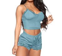 Conjunto de pijama para mujer, pantalones cortos, conjunto de pijama para mujer, elegante, color liso, con encaje, ajustada, con cordón, cintura elástica, pantalones cortos, ropa de dormir de moda