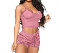 Conjunto de pijama para mujer, pantalones cortos, conjunto de pijama para mujer, elegante, color liso, con encaje, ajustada, con cordón, cintura elástica, pantalones cortos, ropa de dormir de moda