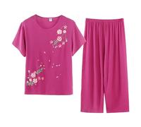 Conjunto de pijama para mujer, ropa de descanso de lino, camiseta de manga corta, lindo estampado de flores de melocotón y pantalones elásticos de pierna ancha, color sólido, conjunto de 2 piezas