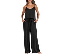 Conjunto de pijama para mujer, verano, 2 piezas, pantalón de pijama largo y fluido, para mujer, sin tirantes con cuello en V, pantalones con cordón de ajuste, Pijamas informal, ropa de dormir grande