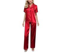 Conjunto de pijamas con pantalones sin mangas Top Pijamas Conjunto de Camisones Vestido de Noche Satén para Mujeres Ropa Interior de Seda Conjunto Suelto para Mujeres, rojo, 5XL