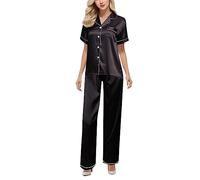 Conjunto de pijamas con pantalones sin mangas Top Pijamas Conjunto de Camisones Vestido de Noche Satén para Mujeres Ropa Interior de Seda Conjunto Suelto para Mujeres, Negro , XXL