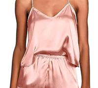 Conjunto de pijamas de seda para mujer,casuales de satén con cuello en V, camisetas sin mangas, pantalones cortos con volantes, conjuntos de ropa de dormir de salón de 2 piezas de verano (Rosa,XL)