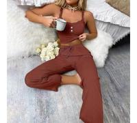Conjunto de pijamas para mujer de encaje y satén, camisón de dos piezas con camisola y pantalones, ropa de salón de un solo color para primavera, verano e invierno, cómodo (M Brown)