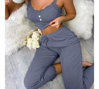 Conjunto de pijamas para mujer de encaje y satén, camisón de dos piezas con camisola y pantalones, ropa de salón de un solo color para primavera, verano e invierno, cómodo (gris M)