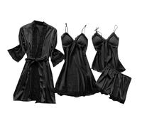 Conjunto de Pijamas para Mujer de Seda satén con Encaje 4 Piezas Bata camisón y Cortos Suave fluida Elegante y Sedosa
