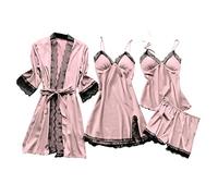 Conjunto de Pijamas para Mujer de Seda satén con Encaje 4 Piezas Bata camisón y Cortos Suave fluida Elegante y Sedosa