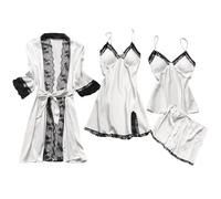 Conjunto de Pijamas para Mujer de Seda satén con Encaje 4 Piezas Bata camisón y Cortos Suave fluida Elegante y Sedosa