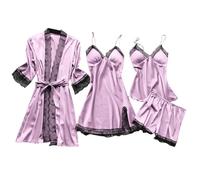 Conjunto de Pijamas para Mujer de Seda satén con Encaje 4 Piezas Bata camisón y Cortos Suave fluida Elegante y Sedosa
