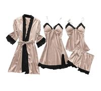 Conjunto de Pijamas para Mujer de Seda satén con Encaje 4 Piezas Bata camisón y Cortos Suave fluida Elegante y Sedosa