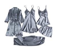Conjunto de Pijamas para Mujer de Seda satén con Encaje 4 Piezas Bata camisón y Cortos Suave fluida Elegante y Sedosa