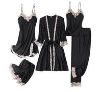 Conjunto de Pijamas para Mujer de Seda Satén con Encaje 5 Piezas Bata Camisón Top Pantalones Largos y Cortos Suave Fluida Elegante y Sedosa