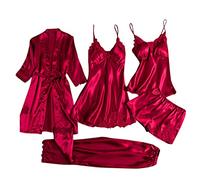 Conjunto de Pijamas para Mujer de Seda satén con Encaje 5 Piezas Bata camisón y Cortos Suave fluida Elegante y Sedosa