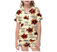 Conjunto de Pijamas para niñas y niños pequeños, Ropa de Dormir de Manga Corta con Estampado de Pavo de Acción de Gracias, Calabaza, satén de Seda, 2 Piezas, clásico, con Terciopelo Mujer Invierno