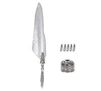 Conjunto de Pluma, Pluma Estilográfica Vintage, de Plumas Naturales de Pavo, Forma única, Perfecto para Regalo de Festival de Cumpleaños, con Puntas + Soporte etc.(plata 2)