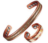 Conjunto de pulsera y anillo magnético de cobre para mujer y hombre, con 8 + 4 imanes, longitud ajustable