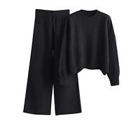 Conjunto de Punto para Mujer de Dos Piezas - Chándal Tallas Grandes, Sin Capucha, Invierno, Elegante, Largo, Jersey y Pantalones de Pierna Ancha con Cintura Elástica