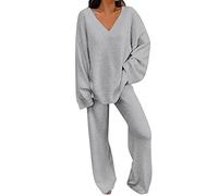 Conjunto de punto para mujer, de dos piezas, talla grande, traje de ocio para mujer, invierno, manga larga, chándal de algodón, pierna ancha, traje de pantalón, elegante, 2 piezas, top + pantalón,