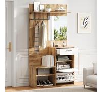 Conjunto De Recibidor Con Tablero De Partículas, Con Espejo Zapatero Y Banco, Armario De Entrada Con Cajón Y Puertas Abatibles, Mueble De Pasillo, Blanco Y Madera Natural, 100 x 38.50 x 190 cm