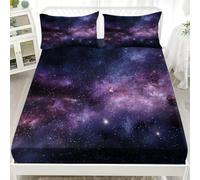 Conjunto de Ropa de Cama 3 Piezas 150x190 cm De EnsueñO Cielo Estrellado VíA LáCtea Sábana Bajera Ajustable con Bolsillo Profundo 30 cm PúRpura Sábana Ajustable Microfibra Cepillada Suave