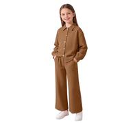 Conjunto de ropa de descanso de 2 piezas a juego para niñas, blusa de manga larga con botones frontales, pantalones casuales suaves de pierna recta, ajuste relajado separado para niños de 8 a 12 años