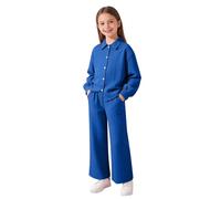 Conjunto de ropa de descanso de 2 piezas a juego para niñas, blusa de manga larga con botones frontales, pantalones casuales suaves de pierna recta, ajuste relajado separado para niños de 8 a 12 años