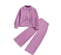 Conjunto de ropa de descanso de 2 piezas a juego para niñas, blusa de manga larga con botones frontales, pantalones casuales suaves de pierna recta, ajuste relajado separado para niños de 8 a 12 años