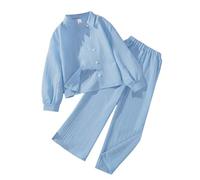 Conjunto de ropa de descanso de 2 piezas a juego para niñas, blusa de manga larga con botones frontales, pantalones casuales suaves de pierna recta, ajuste relajado separado para niños de 8 a 12 años