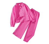 Conjunto de ropa de descanso de 2 piezas a juego para niñas, blusa de manga larga con botones frontales, pantalones casuales suaves de pierna recta, ajuste relajado para niños de 8 a 12 años (1B-rosa