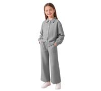 Conjunto de ropa de descanso de 2 piezas a juego para niñas, blusa de manga larga con botones frontales, pantalones casuales suaves de pierna recta, ajuste relajado separado para niños de 8 a 12 años