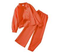 Conjunto de ropa de descanso de 2 piezas a juego para niñas, blusa de manga larga con botones frontales, pantalones casuales suaves de pierna recta, ajuste relajado para niños de 8 a 12 años (naranja