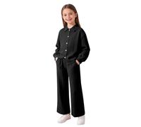 Conjunto de ropa de descanso de 2 piezas a juego para niñas, blusa de manga larga con botones frontales, pantalones casuales suaves de pierna recta, ajuste relajado separado para niños de 8 a 12 años