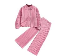 Conjunto de ropa de descanso de 2 piezas a juego para niñas, blusa de manga larga con botones frontales, pantalones casuales suaves de pierna recta, ajuste relajado separado para niños de 8 a 12 años