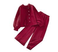 Conjunto de ropa de descanso de 2 piezas a juego para niñas, blusa de manga larga con botones frontales, pantalones casuales suaves de pierna recta, ajuste relajado separado para niños de 8 a 12 años