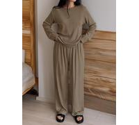 Conjunto de ropa de descanso de 2 piezas para mujer, camiseta de manga larga con cuello redondo y pantalones de pierna ancha, ajuste relajado para ropa de otoño en casa