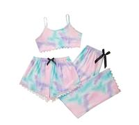 Conjunto de ropa de descanso de 3 piezas para mujer, talla grande, conjunto de pijama de satén de seda para mujer, conjunto de camisola y pantalones cortos, pantalones completos impresos, tirantes