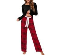 Conjunto de ropa de descanso de pierna ancha para mujer, conjunto de pijama de algodón suave de talla grande, cuello redondo, a cuadros, cordón ajustable, cintura para otoño, conjunto de ropa de