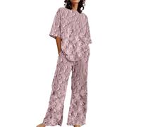 Conjunto de ropa de descanso de pierna ancha para mujer, talla grande, conjunto de pijama suave de gran tamaño, pantalones de pierna recta, pantalones de cintura alta, cuello redondo, manga 3/4, rosa