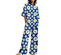 Conjunto de ropa de descanso de pierna ancha para mujer, talla grande, conjunto de pijama suave de gran tamaño, pantalones de pierna recta, pantalones de cintura alta, cuello redondo, manga 3/4, azul