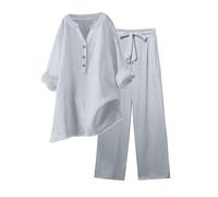 Conjunto de ropa de descanso para mujer, blusa casual de lino Cottton con botones, cuello en V, combina con pantalones capri de pierna ancha, trajes de 2 piezas, ideal para descansar, vacaciones, gris