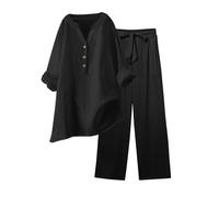 Conjunto de ropa de descanso para mujer, blusa casual de lino Cottton con botones, cuello en V, combina con pantalones capri de pierna ancha, trajes de 2 piezas, ideal para descansar, vacaciones
