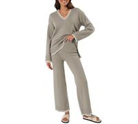Conjunto de ropa de descanso para mujer, conjunto de pijama largo para mujer, conjunto de pijama cálido de invierno, elegante, ropa de hogar, cuello en V, manga larga y pantalones de pierna ancha