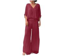 Conjunto de ropa de descanso para mujer, de gasa, de 2 piezas, con cuello en V, parte superior de pierna ancha, pantalones de manga corta, casual, para ocio, vacaciones, viajes, fiestas, etc, hot pink
