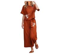 Conjunto de ropa de descanso para mujer, de lino, de 2 piezas, cintura alta, casual, pierna ancha, pantalones largos palazzo, pantalones y manga casquillo suelta, cuello redondo, estampado, ombliguera